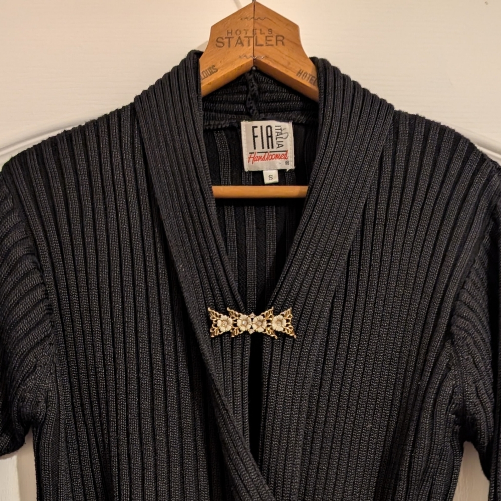 FIA Itaila Black Hand Loomed Ribbed Cardigan (Brooch not included) Silky Soft